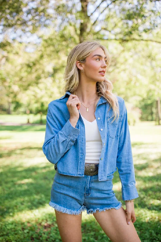 A Girl Like Me Medium Wash Cropped Chambray Blouse FINAL SALE Smart Business Blouse