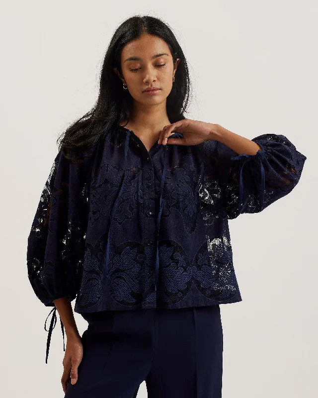 Bacina Lace Puff Sleeve Blouse Dk-Blue Chic Ruffle Blouse