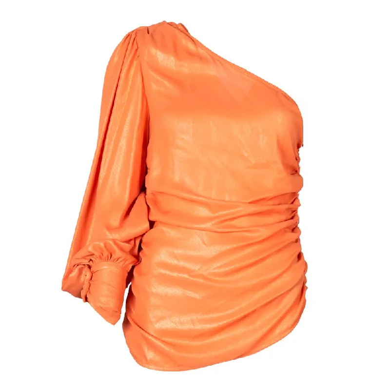 Chic Orange Laminated Blouse Elegant Semi-Sheer Blouse