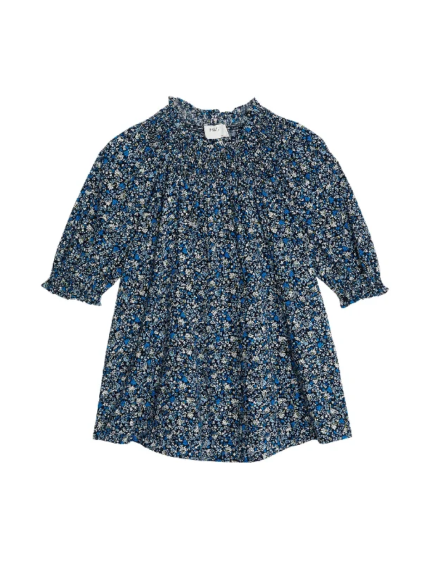 Cotton Blend Printed Smocked Blouse Ruched Sleeve Blouse