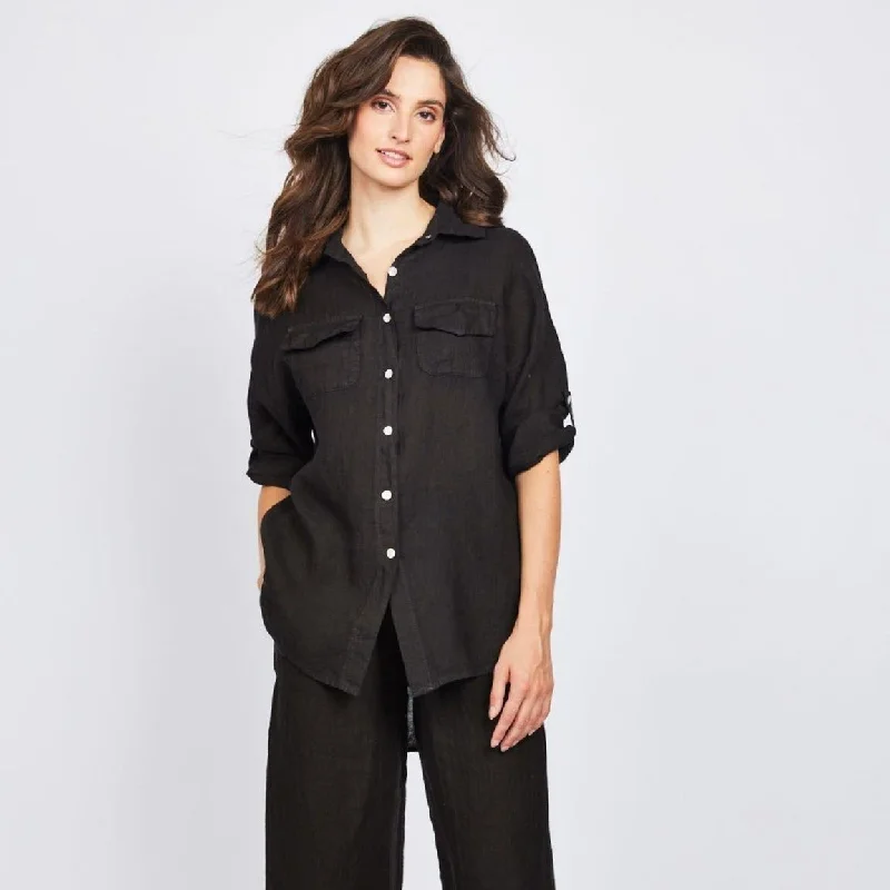 Double Pocket Linen Blouse (Black) Double Button Blouse