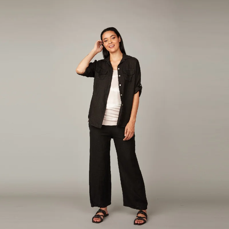 Double Pocket Linen Blouse (Black) Silky Tunic Blouse