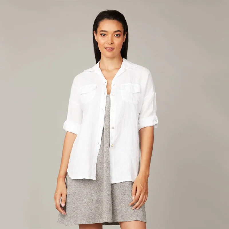 Double Pocket Linen Blouse (White) Office-Ready Blouse