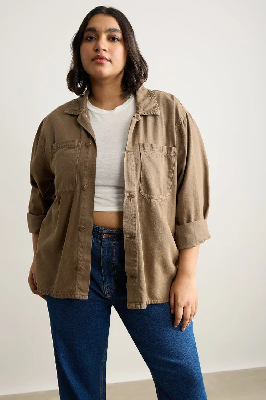 Earthy Two Pocketed Denim Ef. Shacket Satin Long Blouse