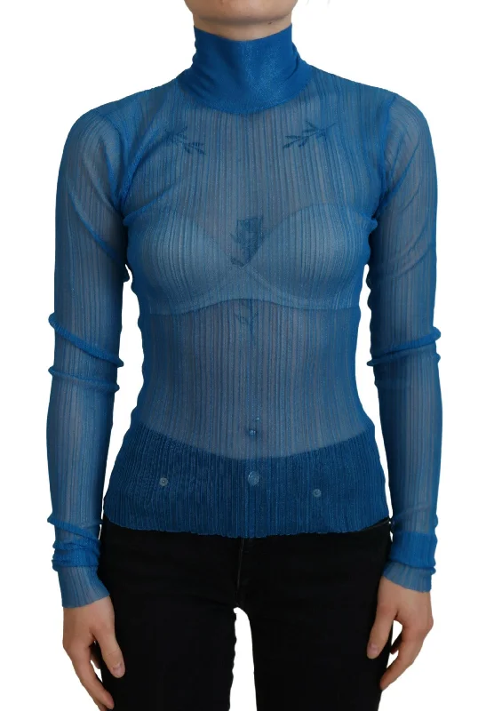 Elegant Blue Mesh Blouse Top Pleated Collar Blouse