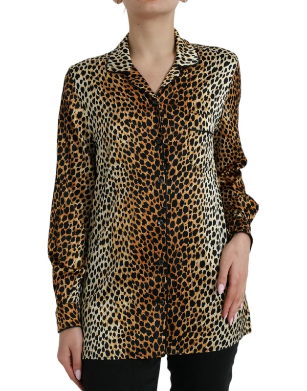 Elegant Brown Animal Print Silk Blouse Loose Oversized Blouse