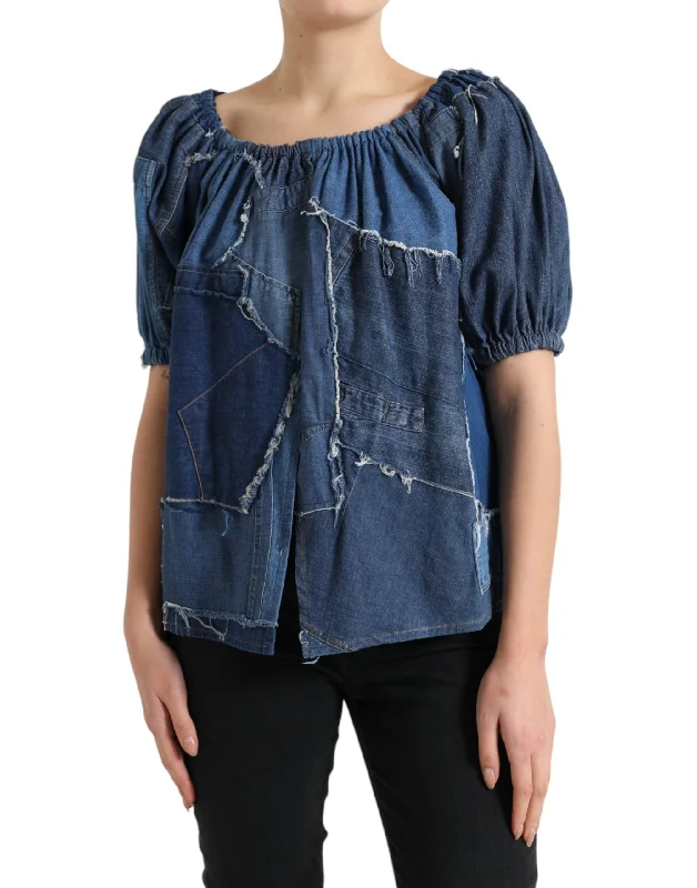 Elegant Cotton Denim Blouse Top Lightweight Floral Blouse