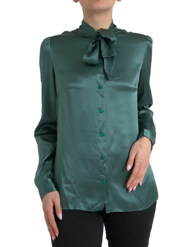 Elegant Dark Green Silk Blouse Top Short Sleeve Blouse