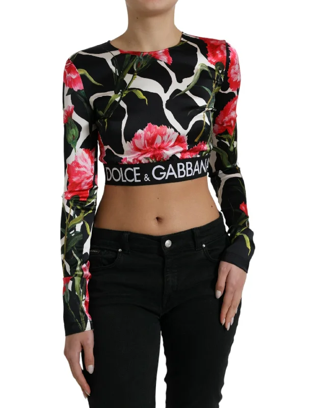 Elegant Floral Cropped Blouse Top Bell Sleeve Blouse