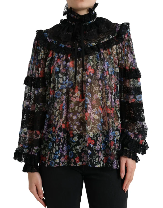 Elegant Floral Silk Blouse with Lace Trim Stylish Wrap Blouse