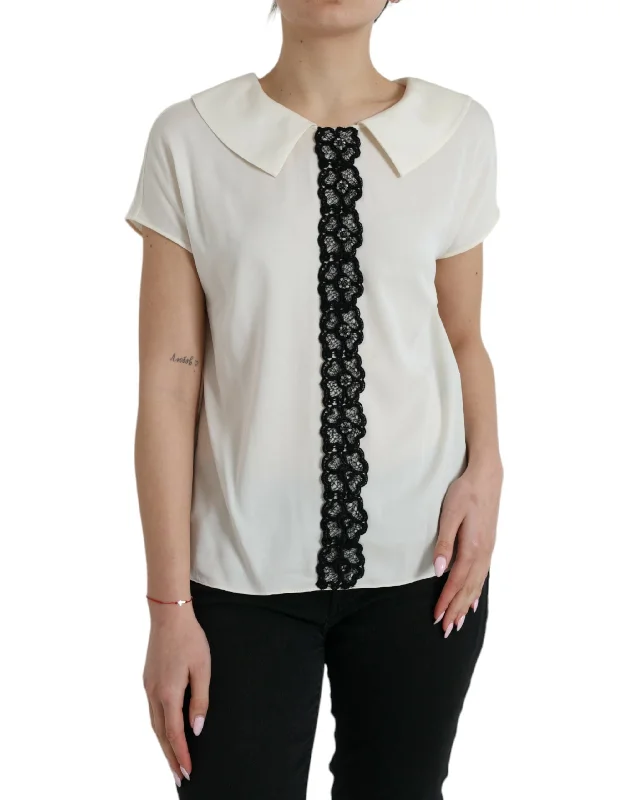 Elegant Off-White Lace-Trim Silk Blouse Chic Square Blouse