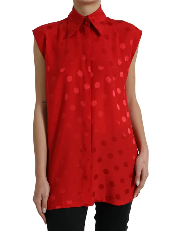 Elegant Polka Dot Sleeveless Silk Blouse Delicate Pleat Blouse