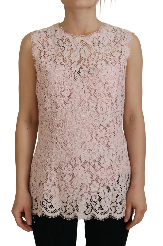 Elegant Sheer Lace Sleeveless Blouse in Pink Vintage Polka Blouse