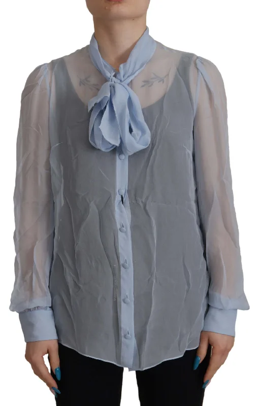 Elegant Silk Ascot Collar Blouse in Light Blue Cotton Casual Blouse