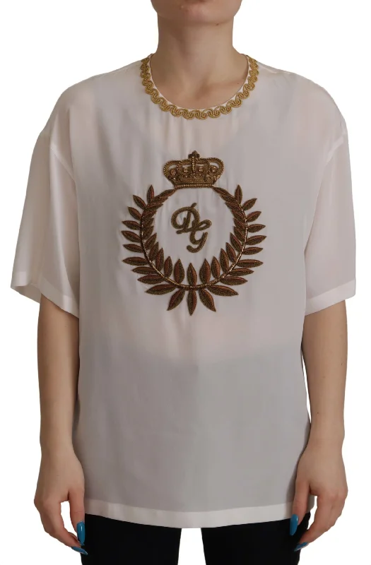 Elegant Silk Blouse with Gold Crown Embroidery Feminine Ruffle Blouse