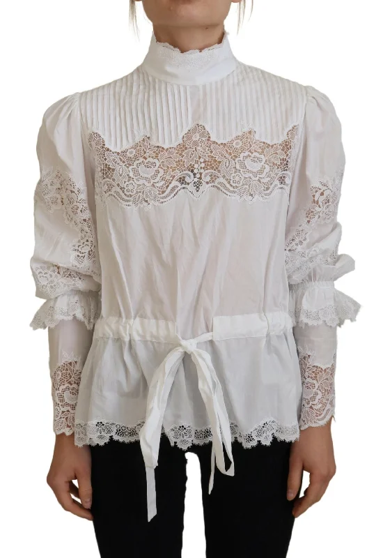 Elegant White Lace Trim Cotton Blouse Modern Oversized Blouse