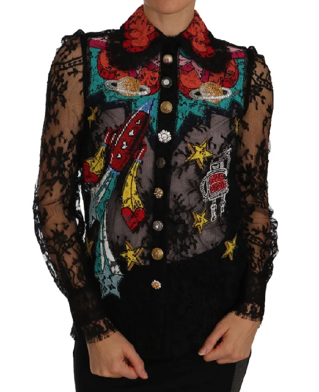 Floral Lace Embroidered Blouse with Crystals Versatile Layering Blouse