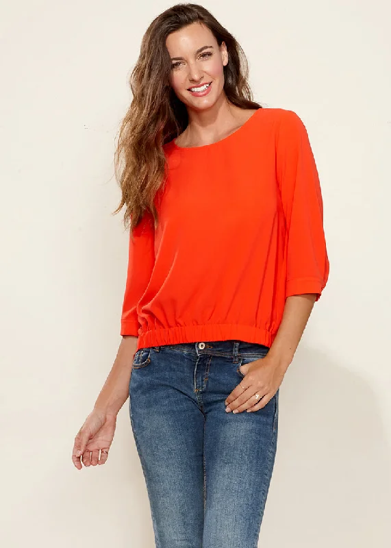 Gathered Hem Scoop Neck Blouse In Flamingo Ruched Sleeve Blouse