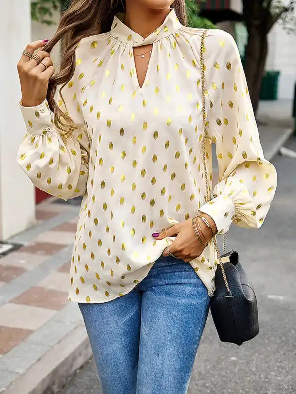 Gold Dot Print Temperament commuting polka dot blouse Chic Ruffle Blouse