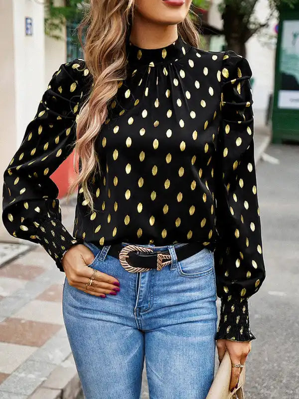 Gold Dot Print Temperament commuting round neck long-sleeved blouse Office Formal Blouse