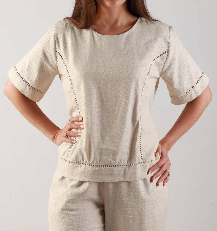 "LADLACE" - BLOUSE - LINEN OAT Sheer Sleeve Blouse