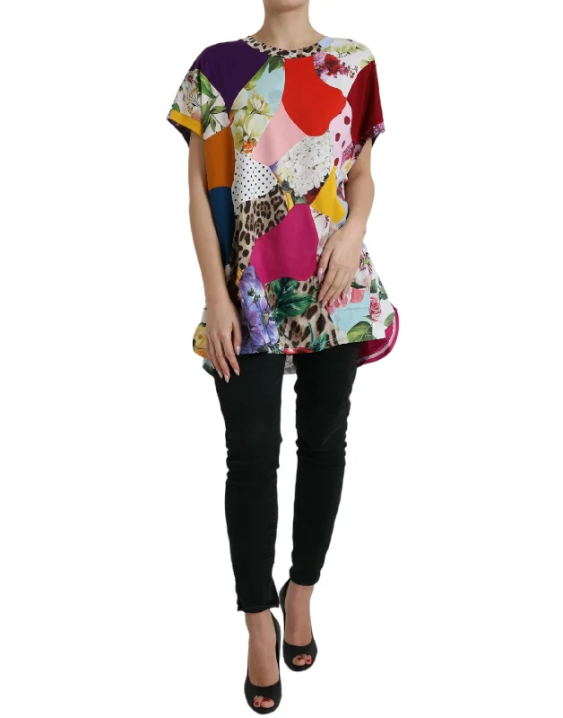 Multicolor Cotton Silk Patchwork Blouse Ruched Sleeve Blouse