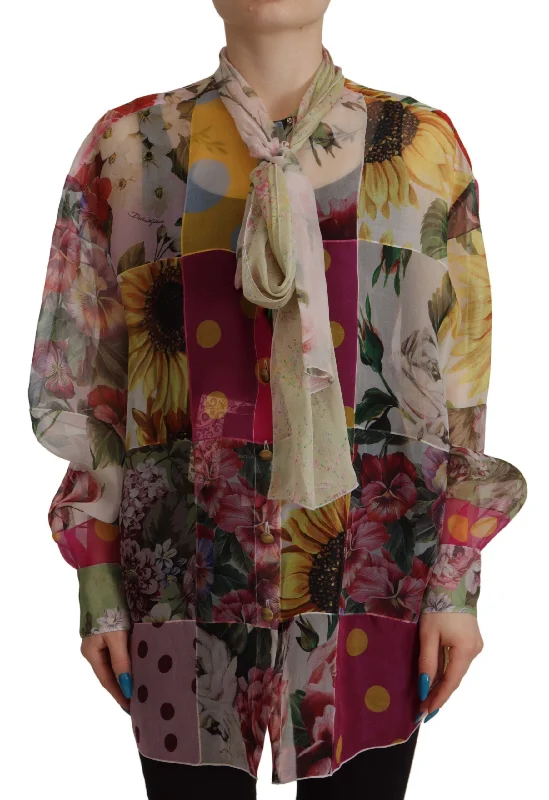 Multicolor Silk Ascot Collar Blouse Asymmetric Hem Blouse