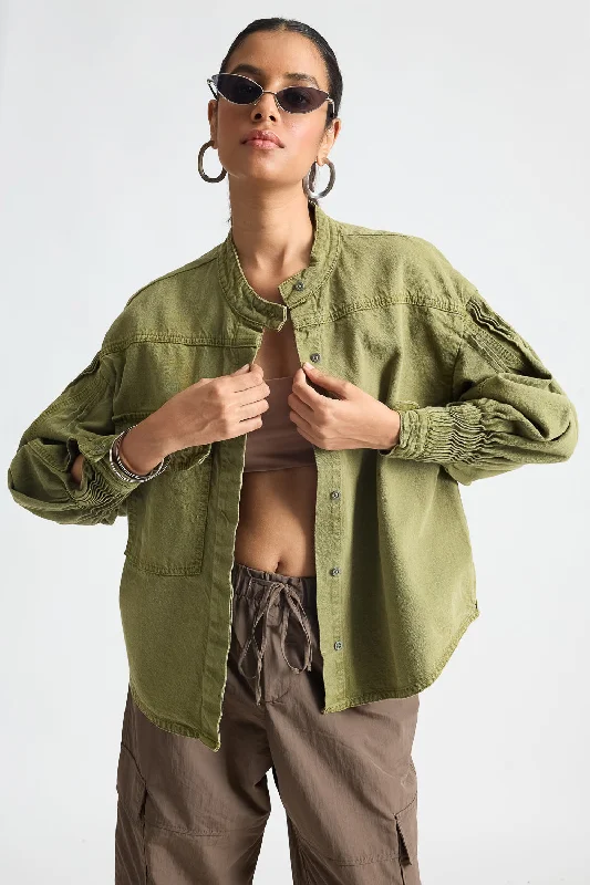 Olive Green Shacket With Pleats Bell Sleeve Blouse