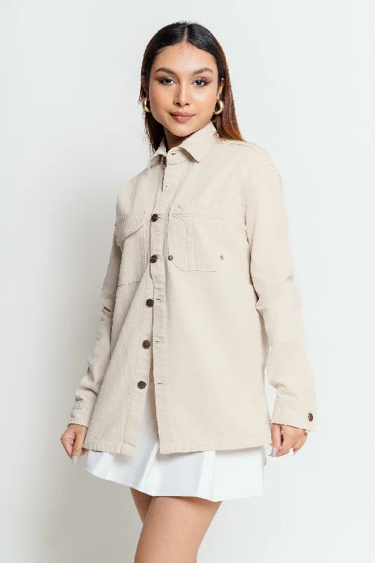 Pitch Pocket Denim Ecru Shacket Feminine Satin Blouse