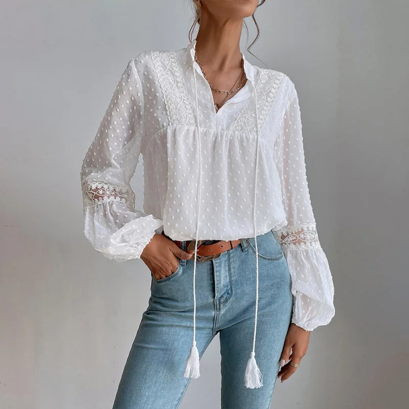 Polka Dot Chiffon Lace Panel Loose Commuting Blouse Cotton Casual Blouse