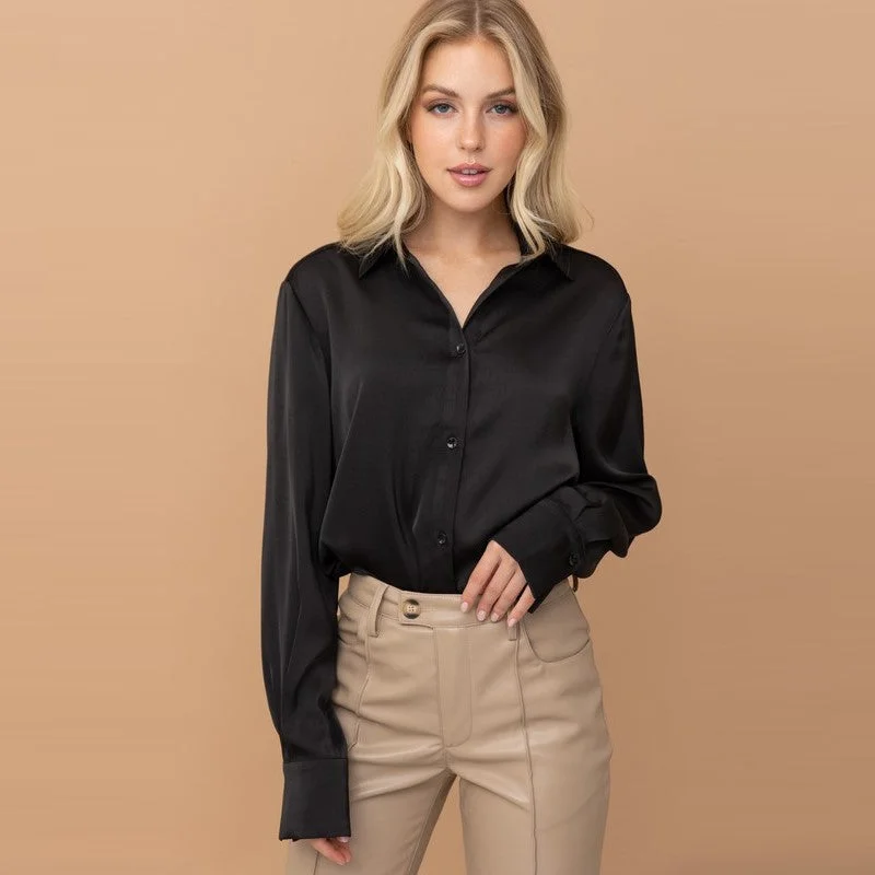 Satin Button Down Blouse (Black) Floral Chiffon Blouse