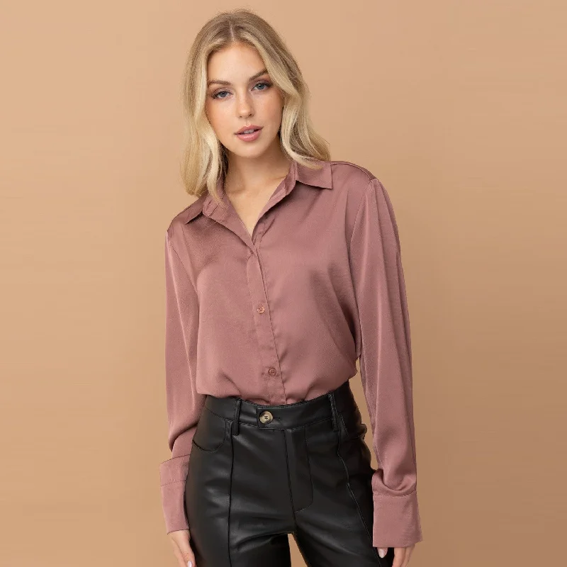 Satin Button Down Blouse (Mauve) Modern Work Blouse