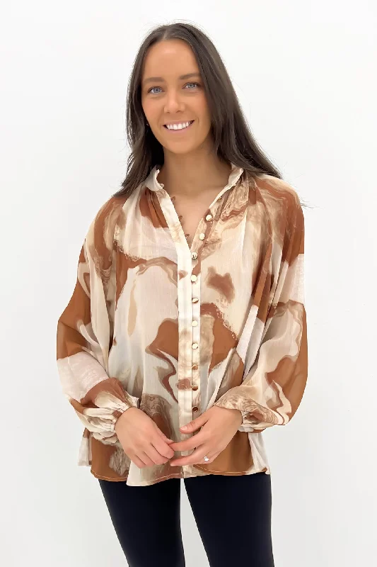 Shi Blouse Caramel Swirl Embroidered Floral Blouse