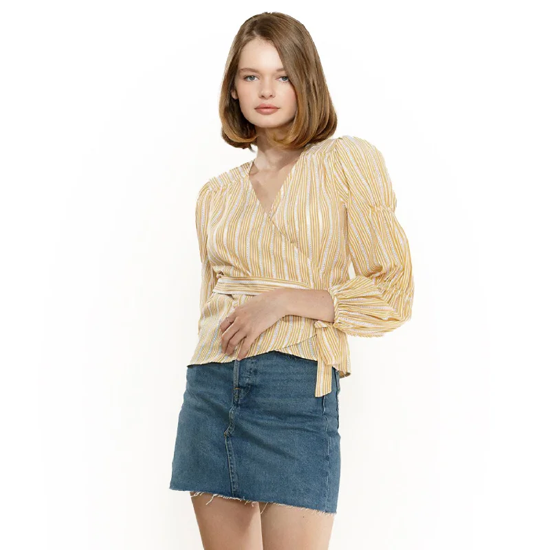 Smocked Sleeve Stripe Wrap Blouse in Yellow Feminine Ruffle Blouse