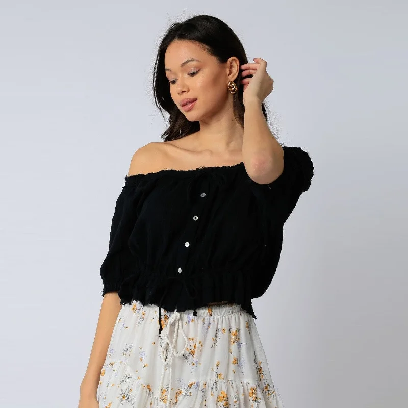 Button Up Blouse (Black) Chic Off-Shoulder Blouse