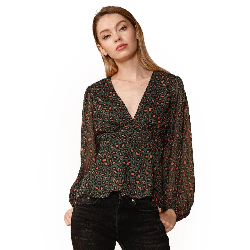 V-neck Puff Sleeve Blouse in Leopard Hunt Feminine Pastel Blouse