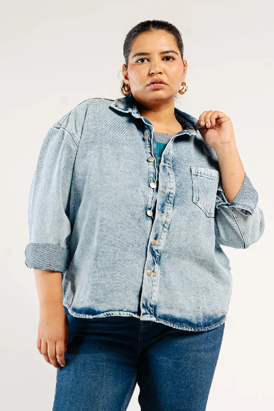 Washed Out Vintage Denim Shacket Oversized Silk Blouse