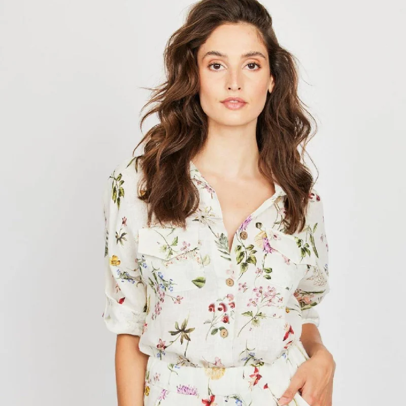 Double Pocket Linen Blouse (Wild Flower Print) Sheer Sleeve Blouse