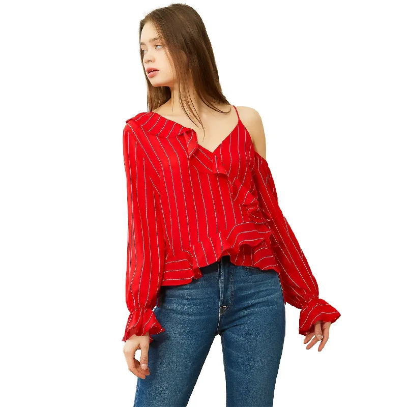 Women's Asymmetrical Shoulder Ruffle Blouse in Red Casual Relaxed Blouse