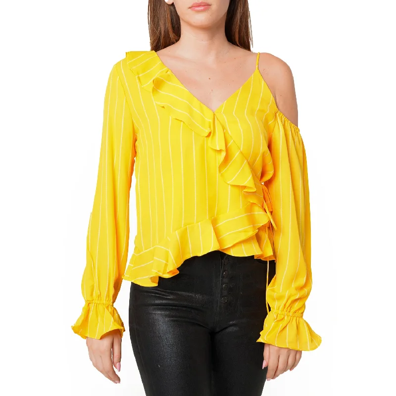 Women's Asymmetrical Shoulder Ruffle Blouse in Yellow Office-Ready Blouse