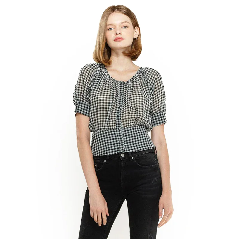 Women's Button Down Peplum Cropped Blouse in Black Soft Pastel Blouse