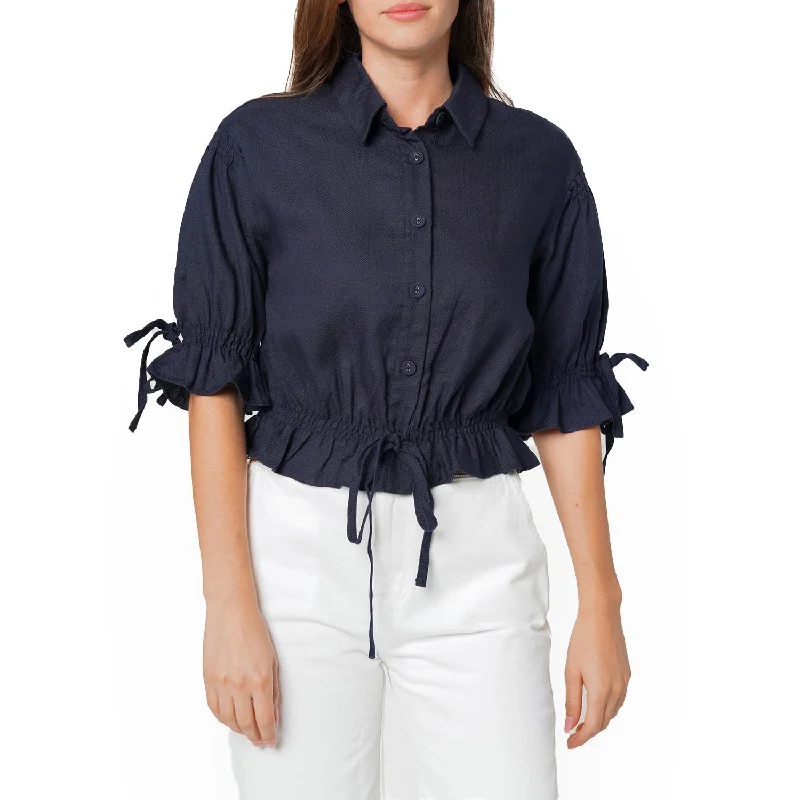 Women's Button Front Tie Hem Blouse in Navy Loose Fit Blouse