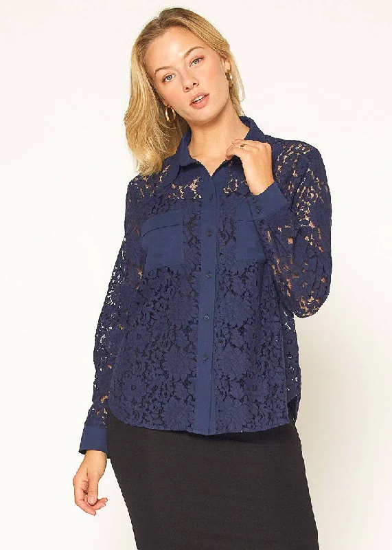 Women's Button Up Flower Lace Blouse in Navy Ruffled Neck Blouse