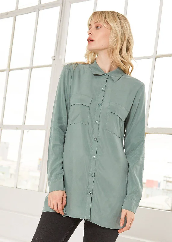 Women's Button Up Open Back Blouse In Sage Frilled Cuff Blouse