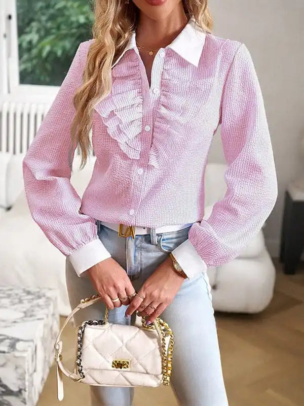 Women’s commuter lapel lace patchwork long-sleeved blouse Casual Relaxed Blouse