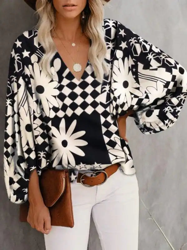 Women’s Floral Long Sleeve Blouse Stretchy Fitted Blouse