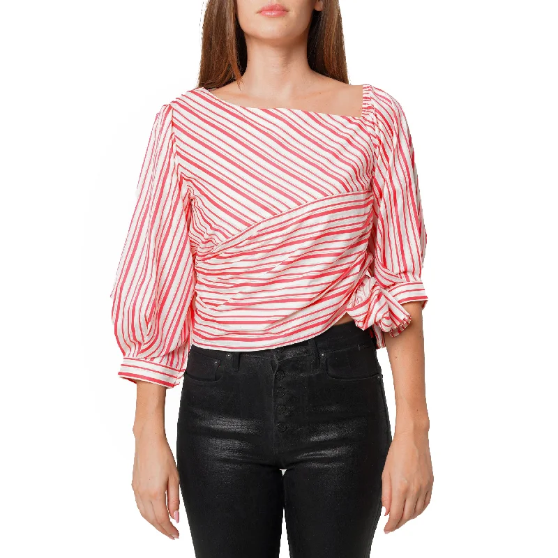 Women's Satin Stripe One Shoulder Blouse in Lipstick Stripe Chic Wrap Blouse