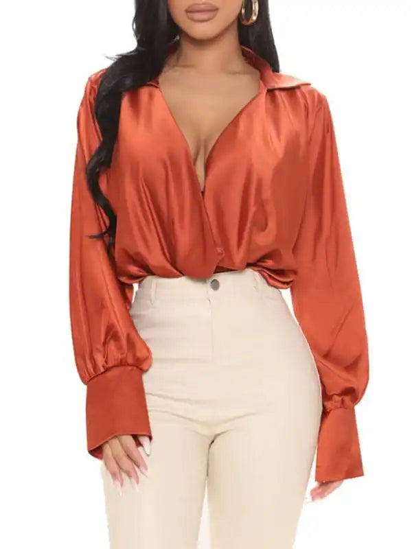 Women’s Solid Color Long Sleeve Satin Cowl Neck Blouse Satin Bow Blouse