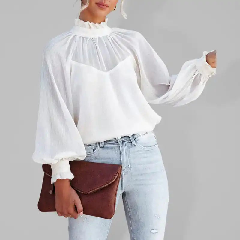 Women’s Solid Color Mock Neck Lantern Sleeve Blouse Feminine Ruffle Blouse