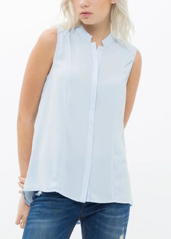 Women's Stand Collar Sleeveless Blouse In Cloud Blue Frilled Cuff Blouse